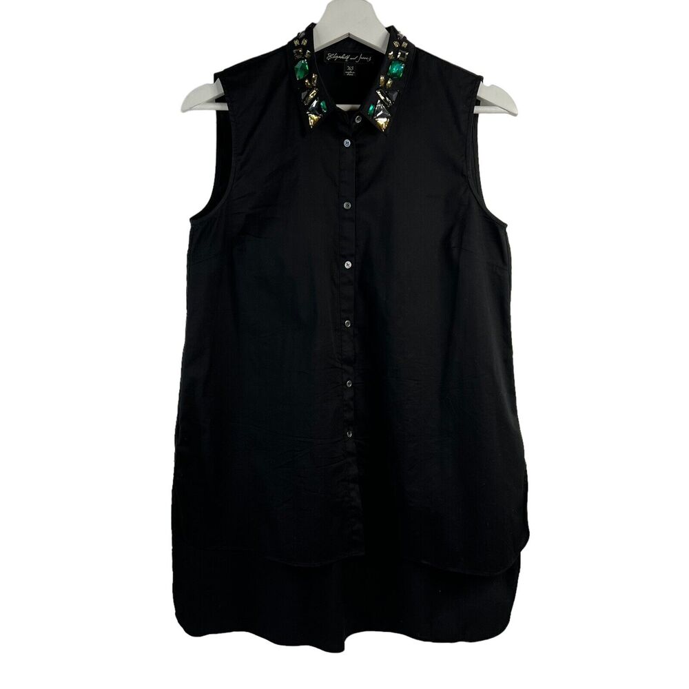 Elizabeth and James Black Sleeveless Button-Up Top with Jeweled Collar